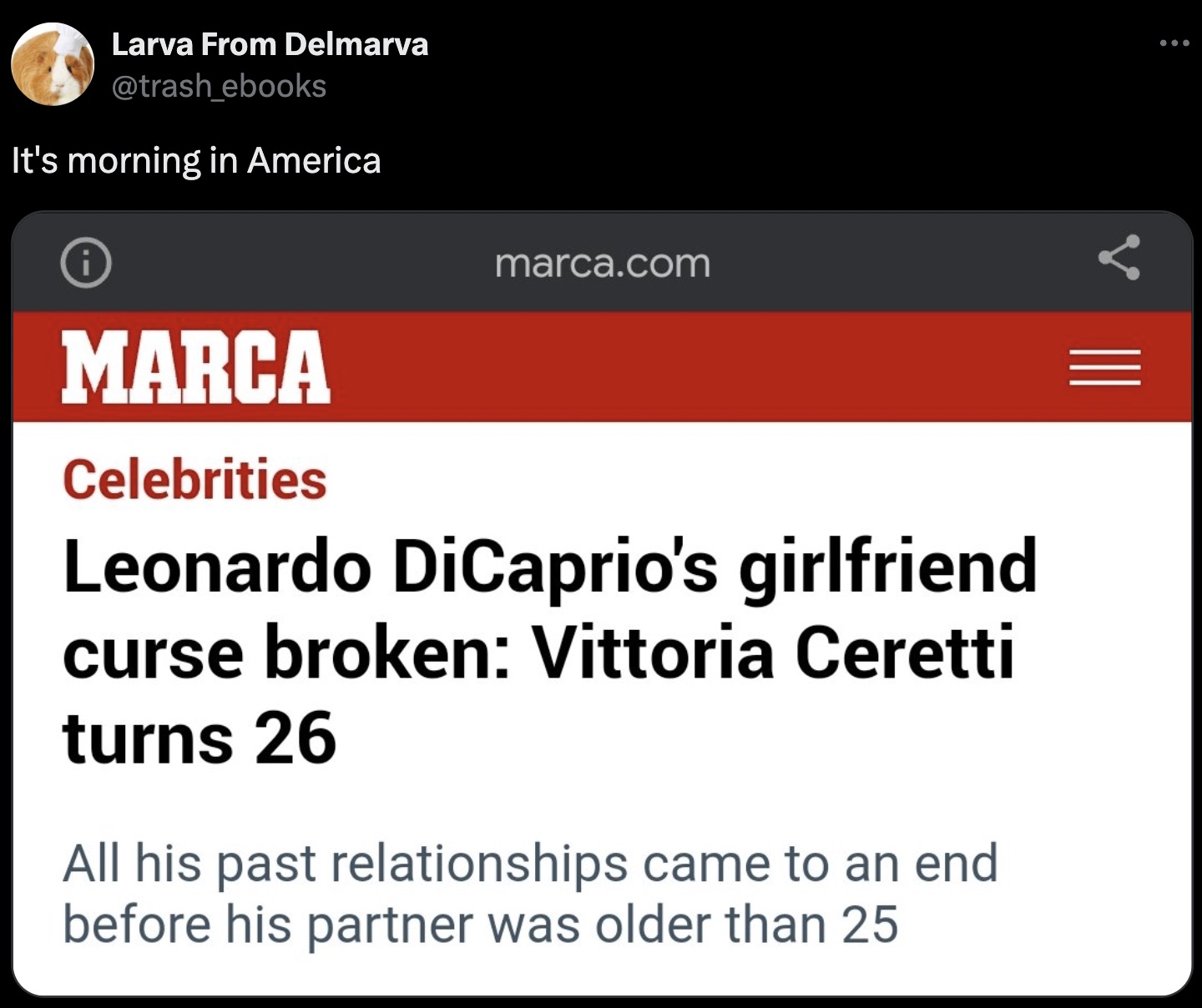 screenshot - Larva From Delmarva ebooks It's morning in America marca.com Marca Celebrities Leonardo DiCaprio's girlfriend curse broken Vittoria Ceretti turns 26 All his past relationships came to an end before his partner was older than 25 Iii ...