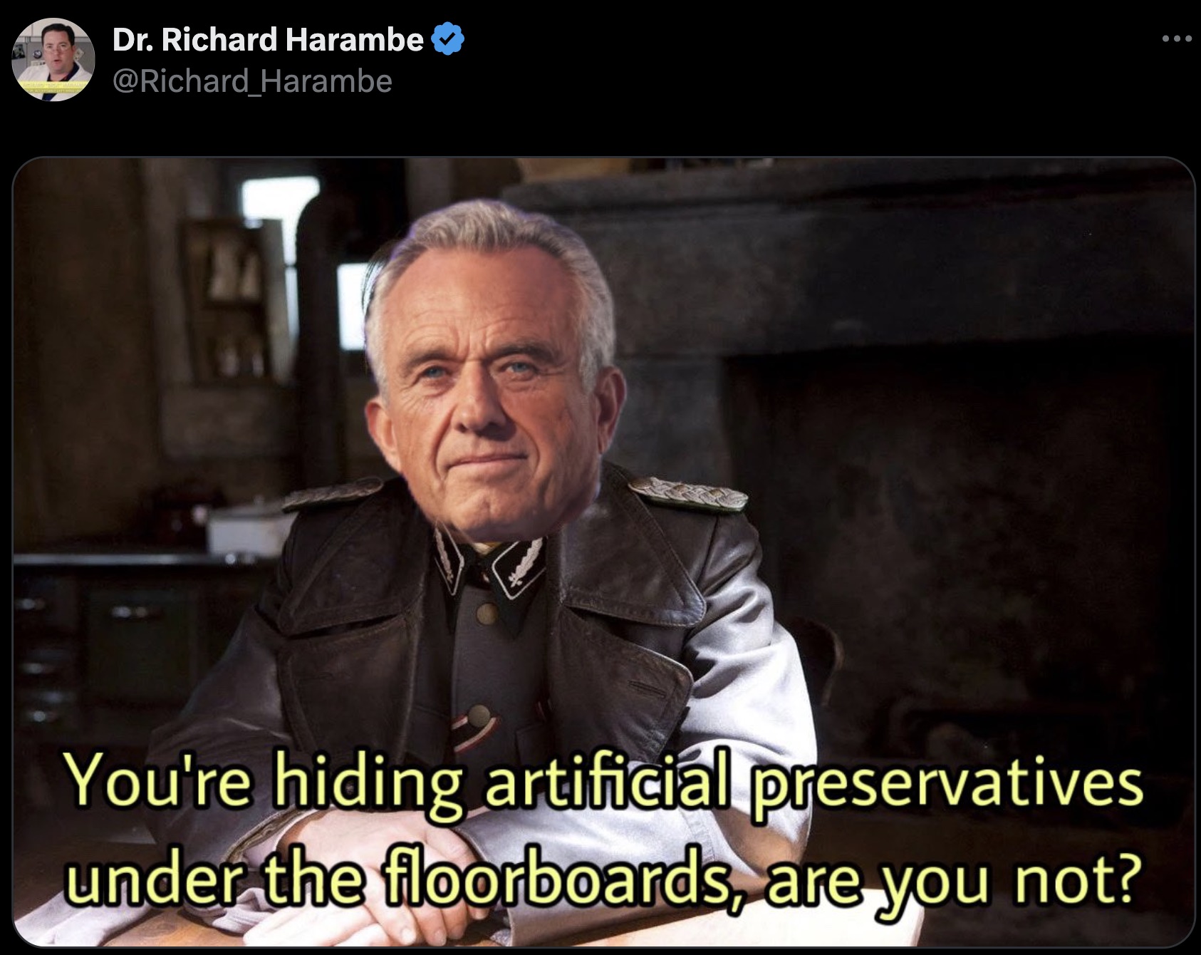 hans landa - Dr. Richard Harambe Harambe You're hiding artificial preservatives under the floorboards, are you not? ...