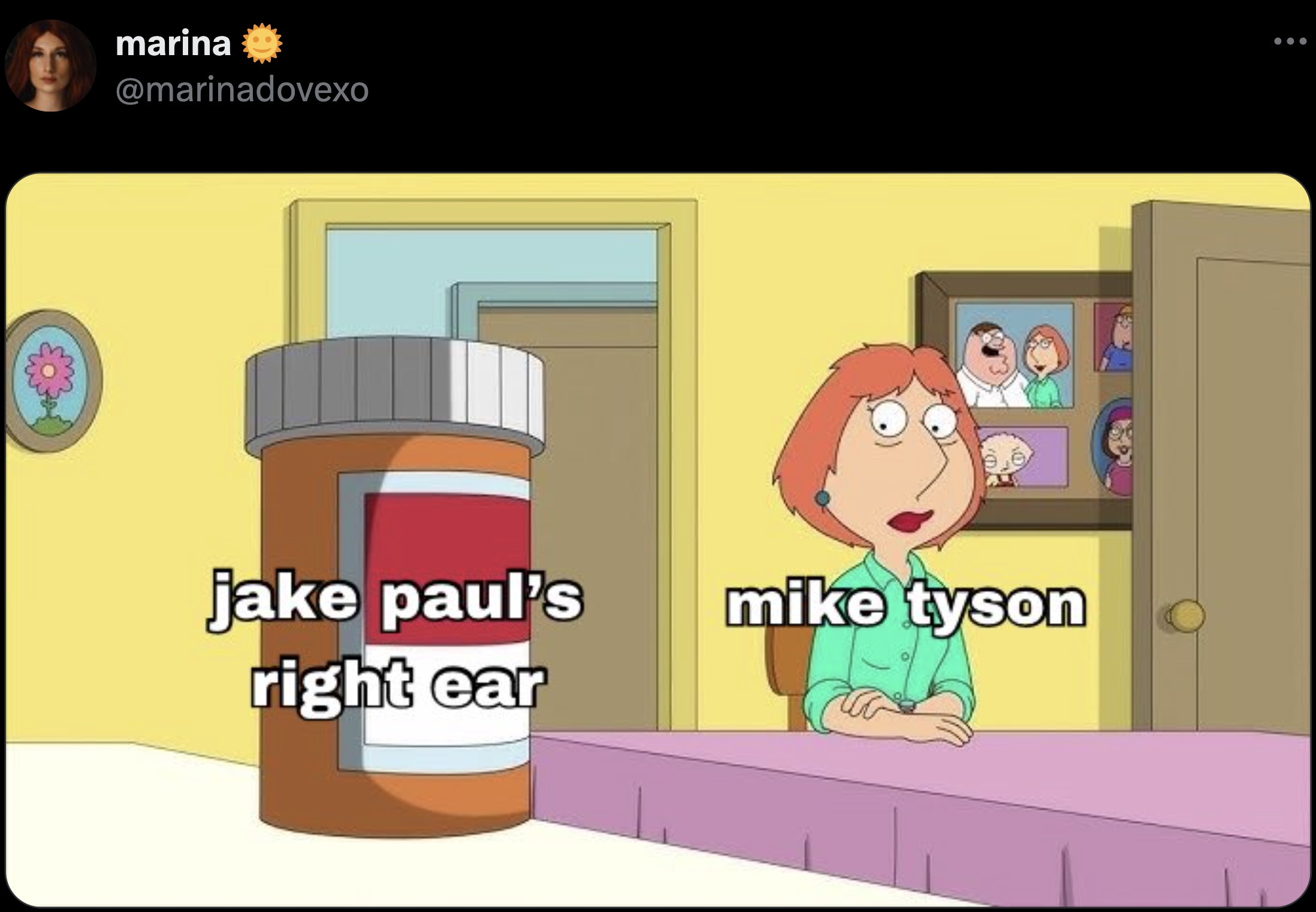 lois looking at pills - marina jake paul's mike tyson right ear