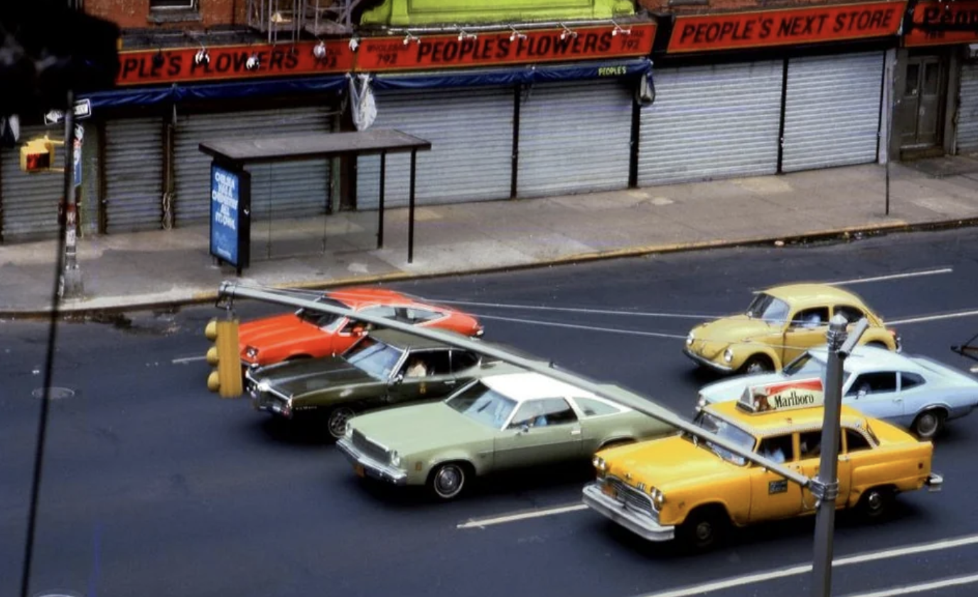 Six different cars at a stoplight on a Sunday morning in Manhattan, 1978.