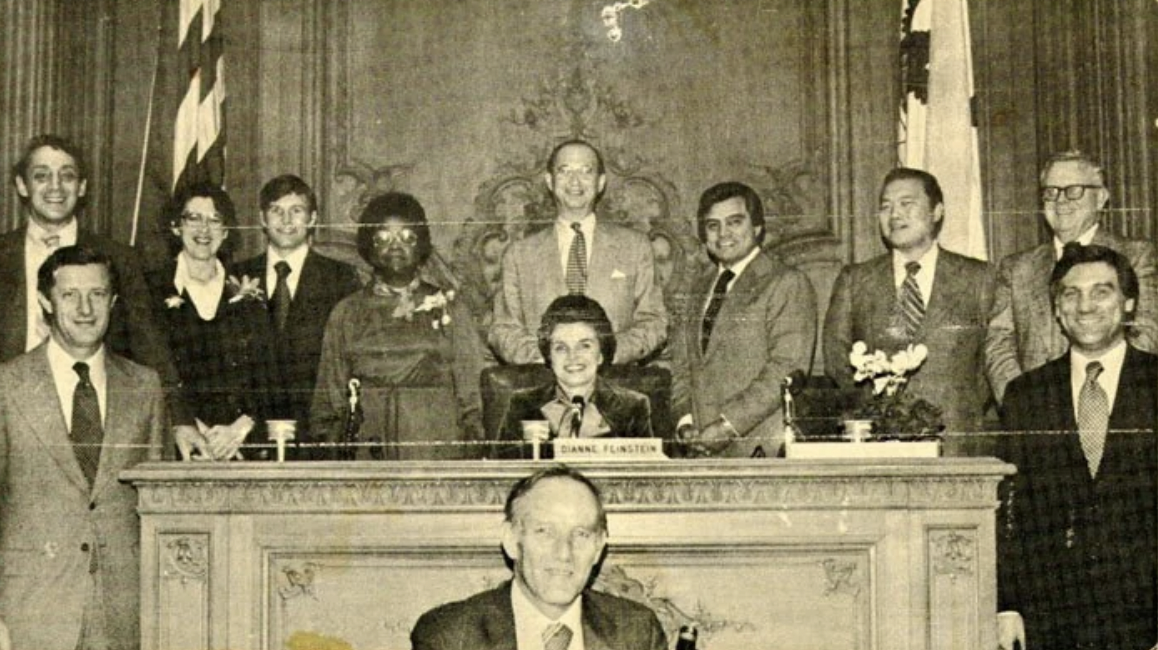 Dianne Feinstein (center) while serving as chairwoman of the San Francisco Board of Supervisors, 1978.