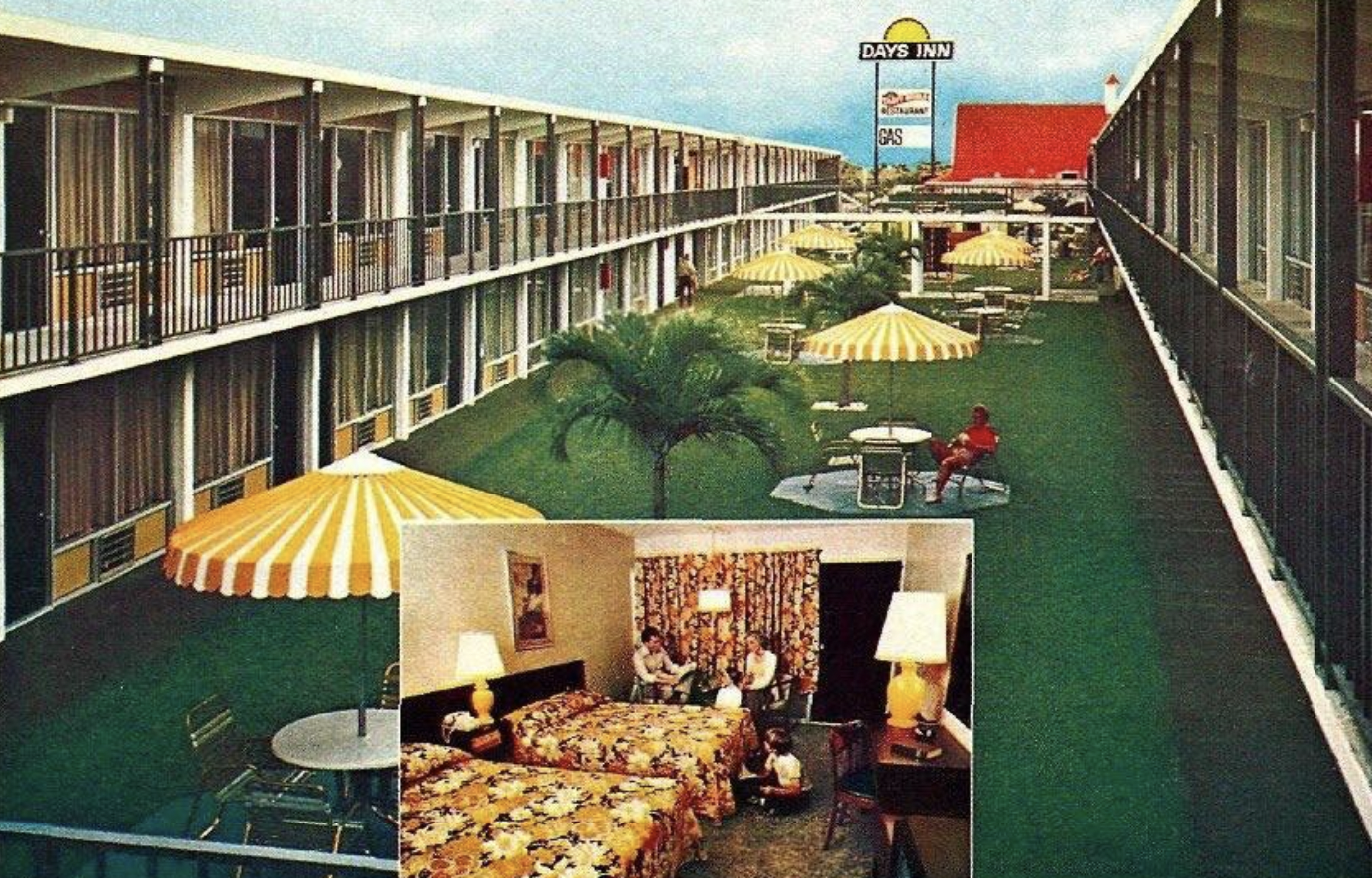 A Days Inn, complete with fake grass, fake palm trees and beautifully decorated floral arrangements, 1978.