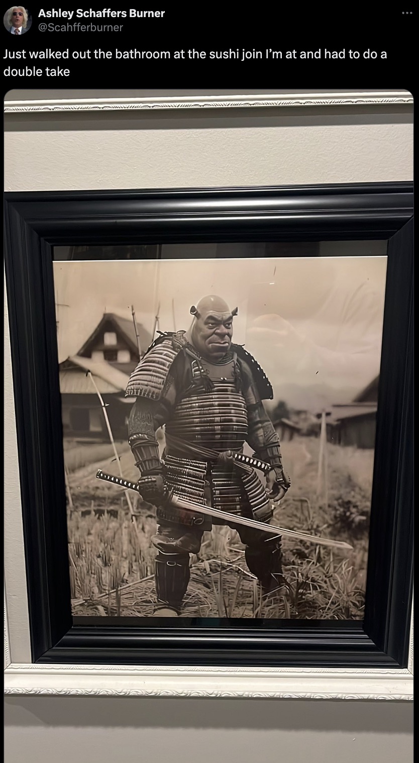 samurai shrek - Ashley Schaffers Burner Just walked out the bathroom at the sushi join I'm at and had to do a double take