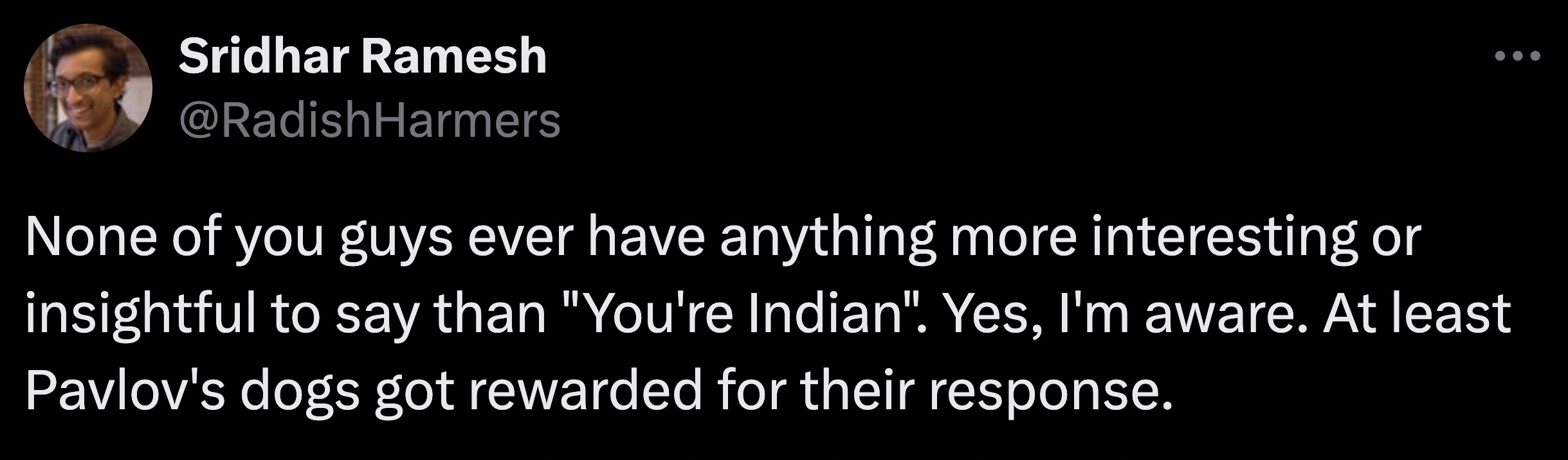 photo caption - Sridhar Ramesh None of you guys ever have anything more interesting or insightful to say than "You're Indian". Yes, I'm aware. At least Pavlov's dogs got rewarded for their response.