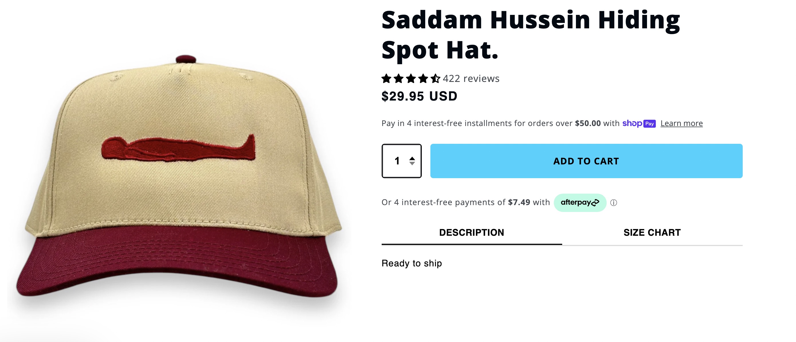 deer - Saddam Hussein Hiding Spot Hat. 422 reviews $29.95 Usd Pay in 4 interestfree installments for orders over $50.00 with shop Learn more Add To Cart Or 4 interestfree payments of $7.49 with afterpay Description Ready to ship Size Chart