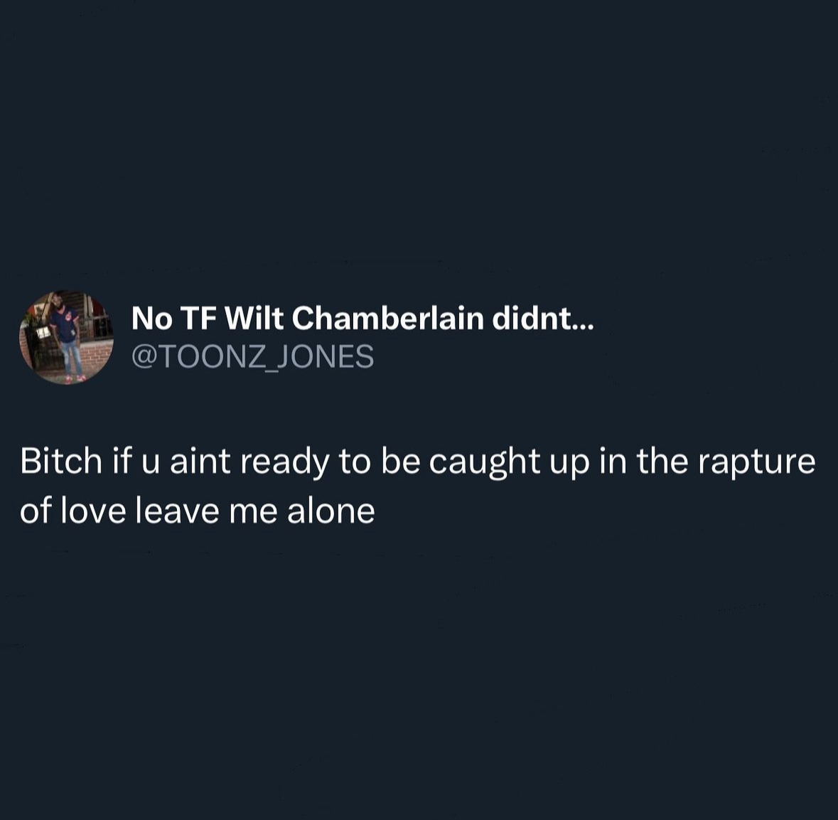 relationship memes and tweets - screenshot - No Tf Wilt Chamberlain didnt... Bitch if u aint ready to be caught up in the rapture of love leave me alone