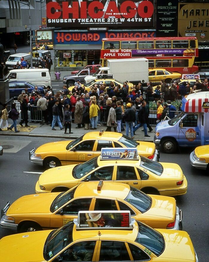 Taxis lined up in Times Square in 1997