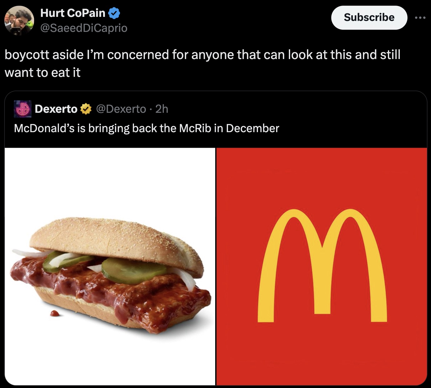 mcrib uk - Hurt CoPain DiCaprio Subscribe boycott aside I'm concerned for anyone that can look at this and still want to eat it Dexerto 2h McDonald's is bringing back the McRib in December M