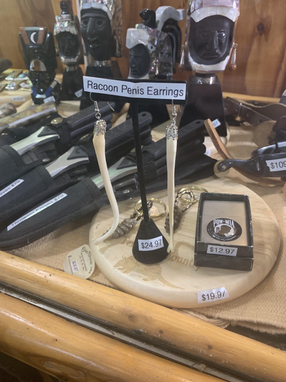 retail - ives $70 Throwing Knives $79 Racoon Penis Earrings $29.97 Shop Tex 97 $24.97 Count PowMia Are Forgoter $12.97 $19.97 $109