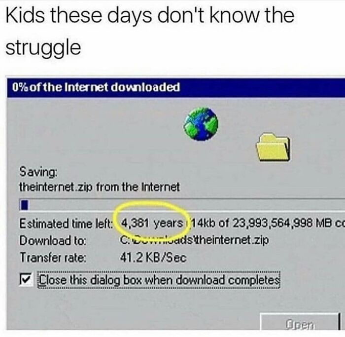 You would start downloading a song or video in the morning before school and come back and find out it wasn't done yet, or someone had called and it booted you offline.