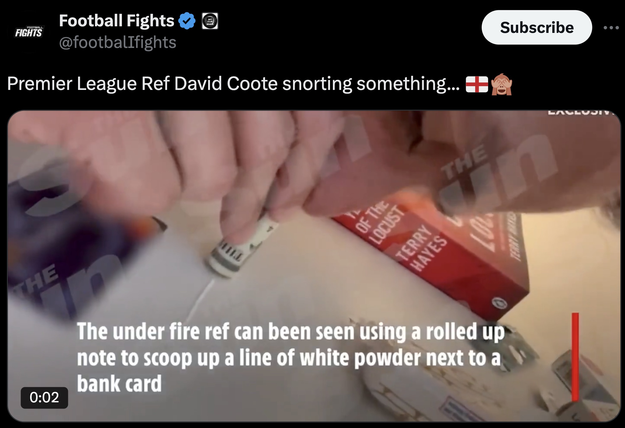 screenshot - Football Fights Football Fights Premier League Ref David Coote snorting something... Subscribe Lavec The Hill Of The Locust The Terry Hayes The under fire ref can been seen using a rolled up note to scoop up a line of white powder next to a b