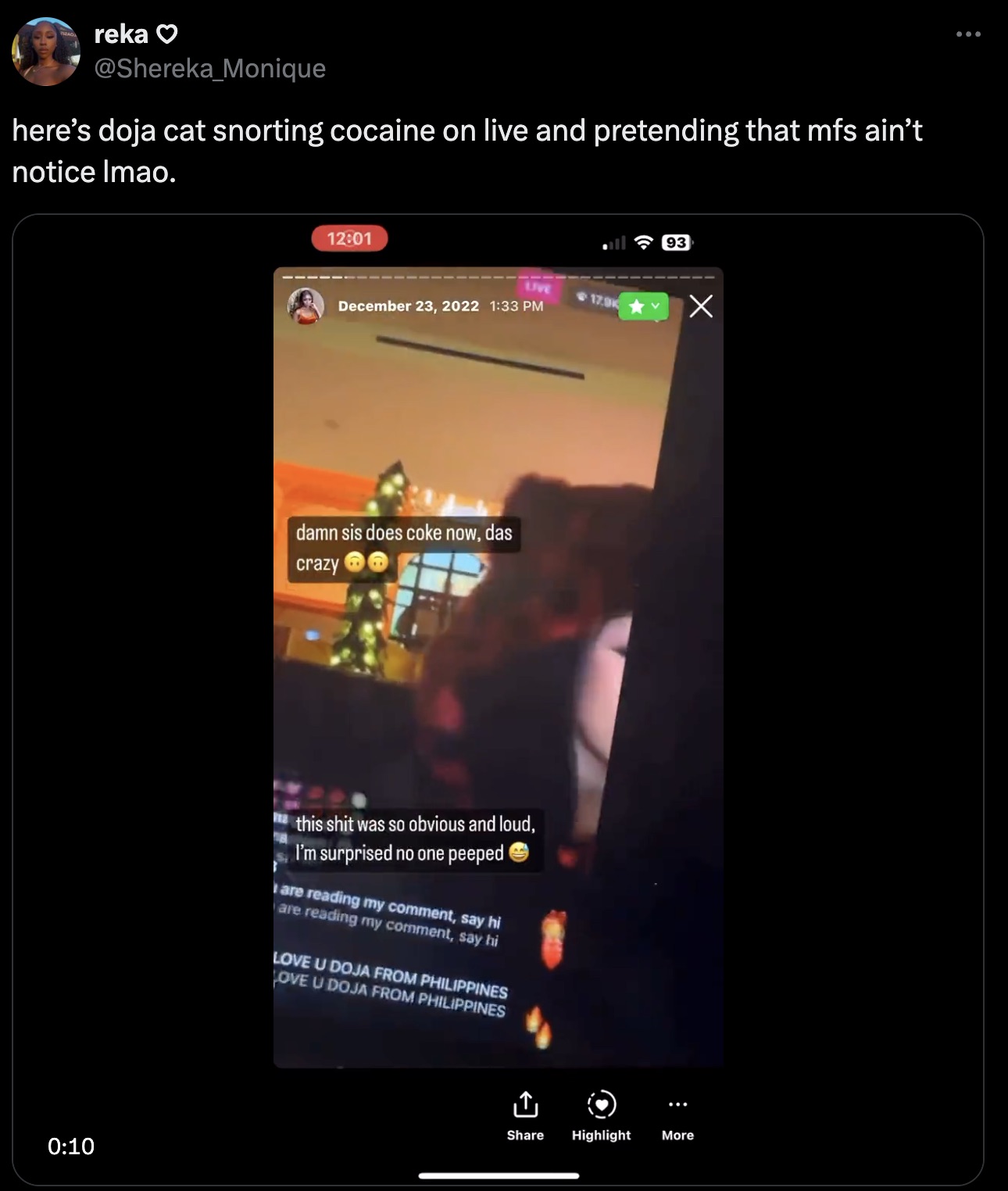 screenshot - reka here's doja cat snorting cocaine on live and pretending that mfs ain't notice Imao. 12 damn sis does coke now, das crazy this shit was so obvious and loud, I'm surprised no one peeped are reading my comment, say hi are reading my comment