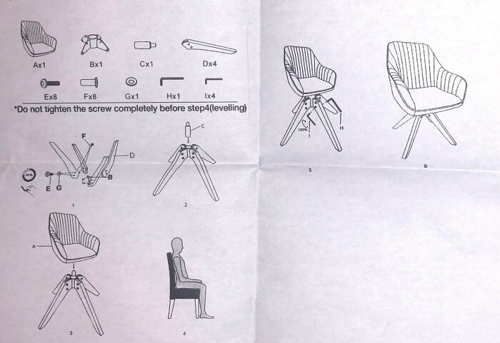 Step 3 assemble the chair to base, Step 4 sit in a different chair.