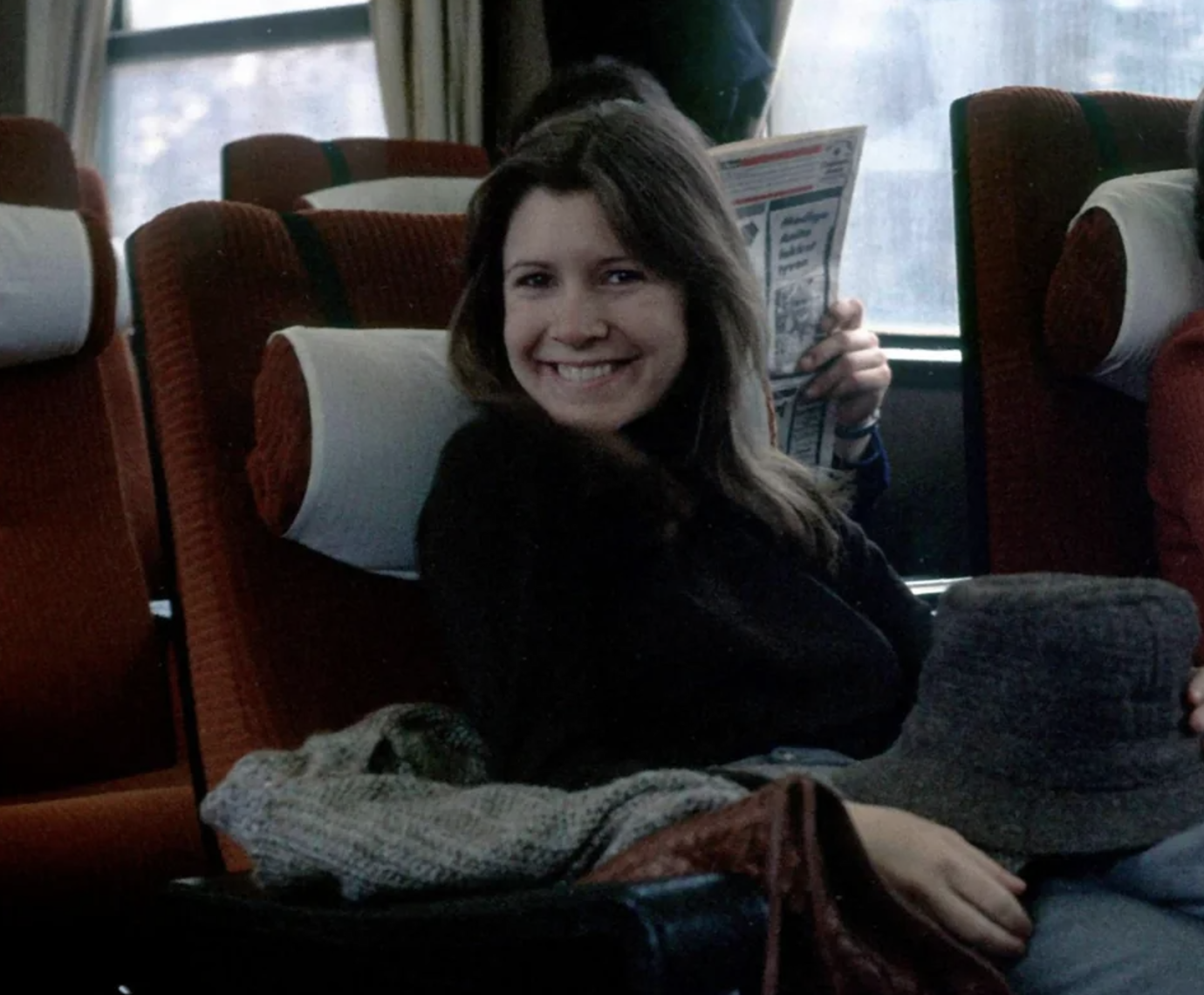 carrie fisher on a train