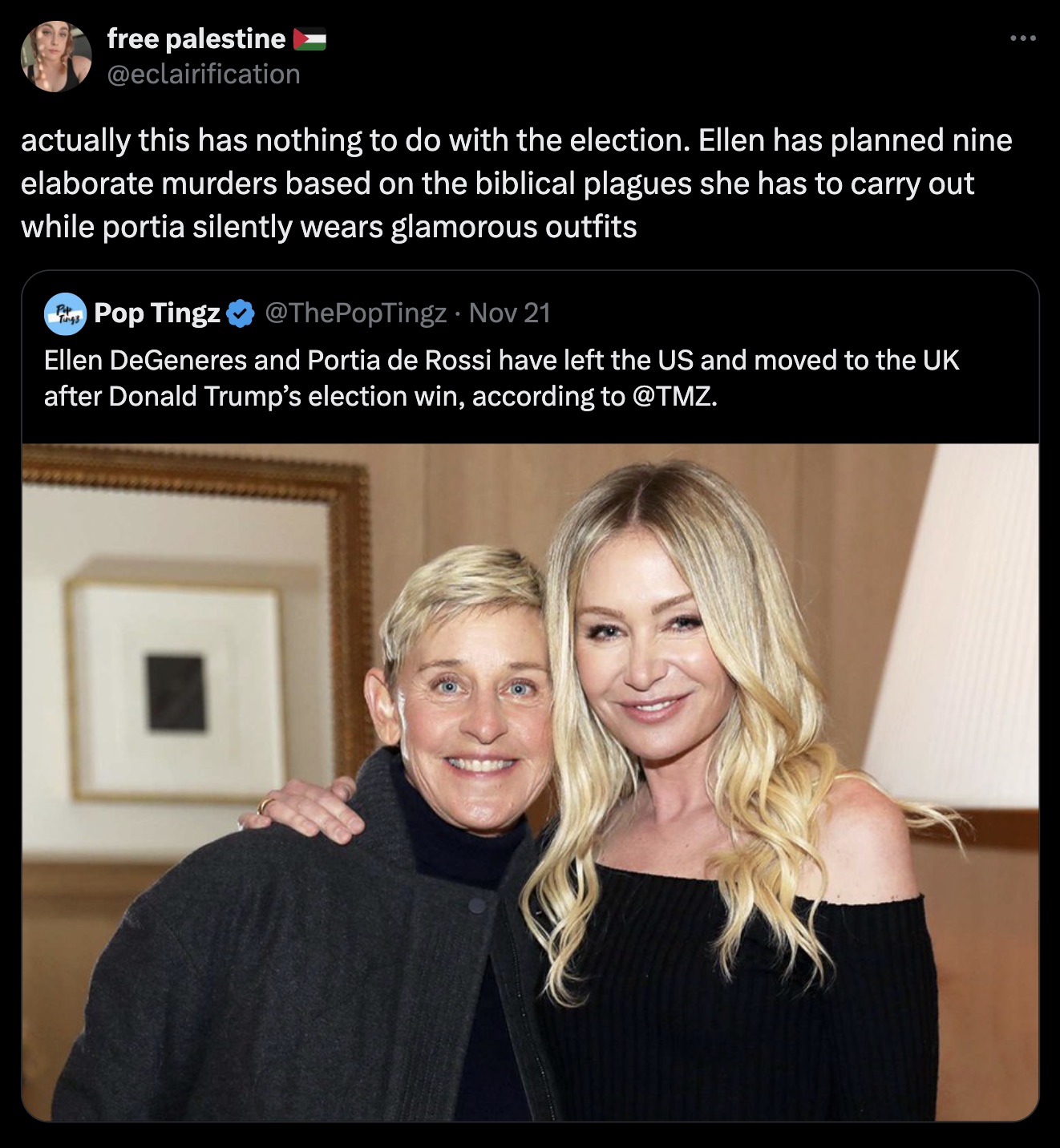 ellen degeneres and portia de rossi - free palestine actually this has nothing to do with the election. Ellen has planned nine elaborate murders based on the biblical plagues she has to carry out while portia silently wears glamorous outfits Tings Pop Tin