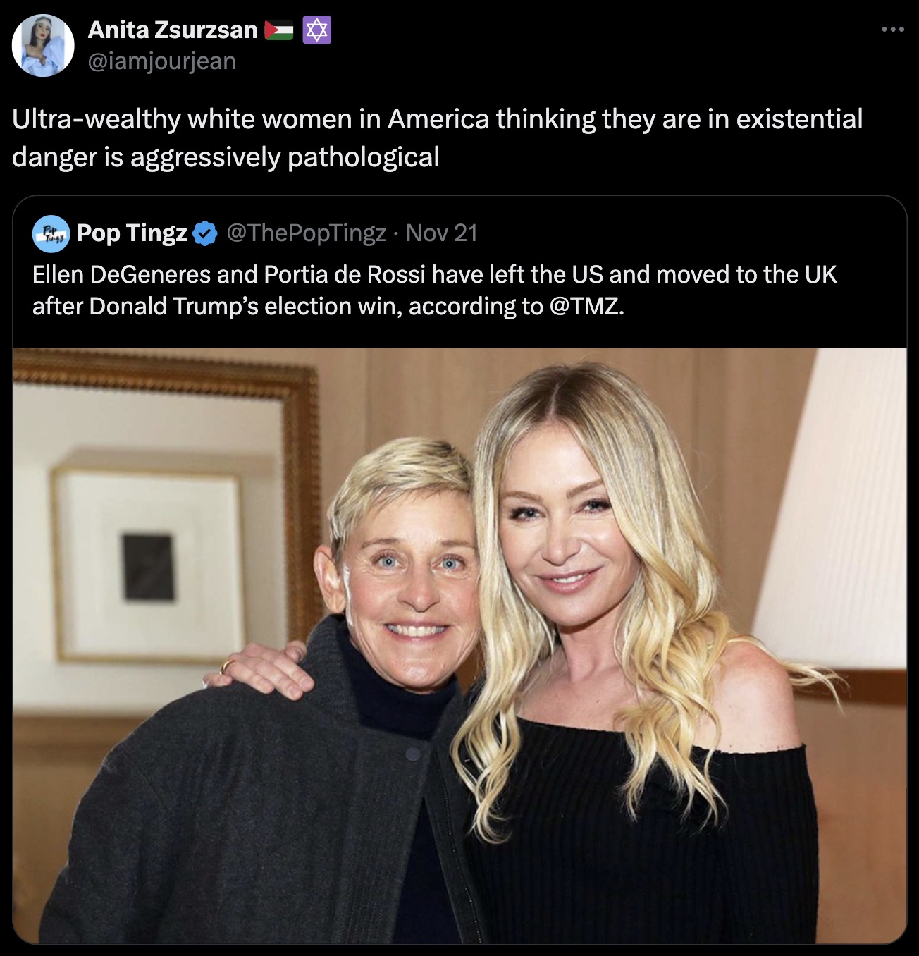 portia rossi - Anita Zsuzsan Ultrawealthy white women in America thinking they are in existential danger is aggressively pathological Tings Pop Tingz Nov 21 Ellen DeGeneres and Portia de Rossi have left the Us and moved to the Uk after Donald Trump's elec