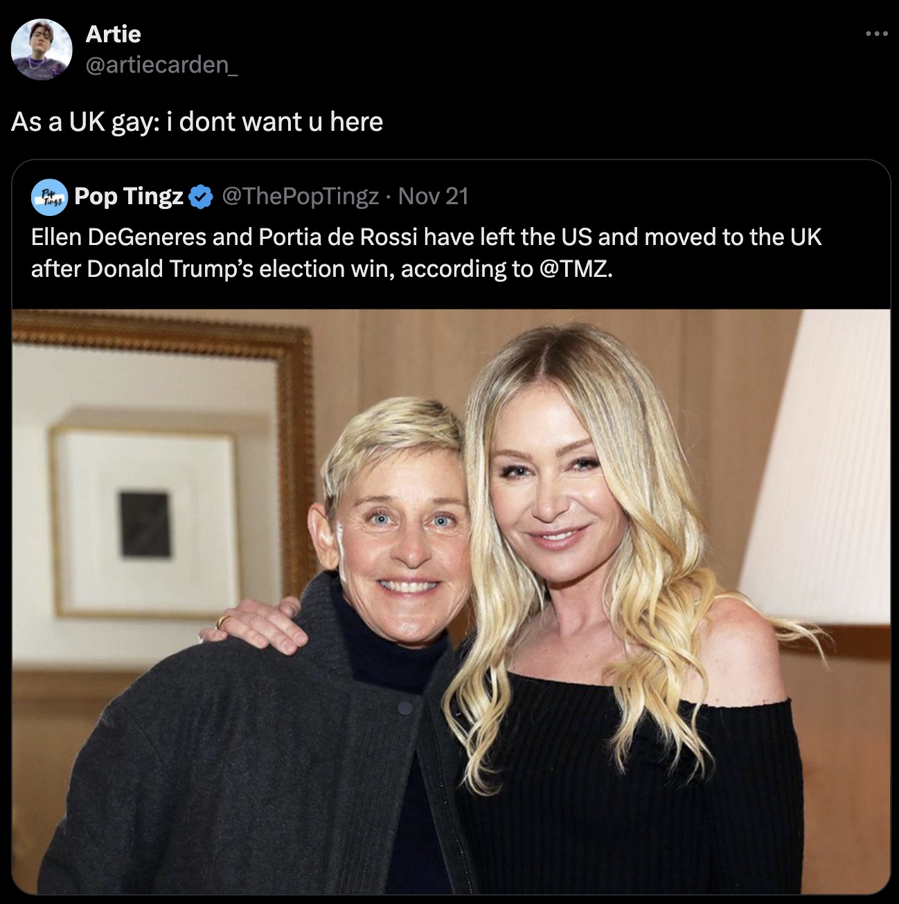 ellen degeneres portia de rossi 2024 - Artie As a Uk gay i dont want u here Tings Pop Tingz Nov 21 Ellen DeGeneres and Portia de Rossi have left the Us and moved to the Uk after Donald Trump's election win, according to .