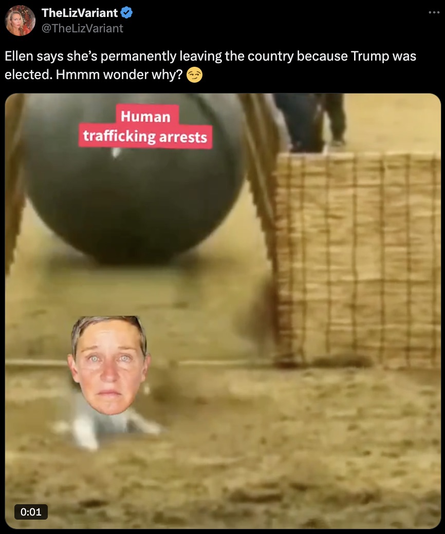 photo caption - TheLizVariant Ellen says she's permanently leaving the country because Trump was elected. Hmmm wonder why? Human trafficking arrests