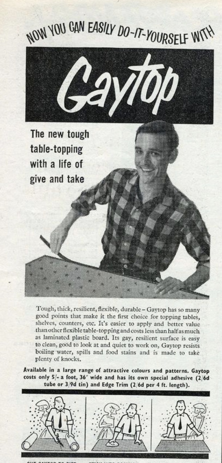 gay vintage ad - Now You Can Easily DoItYourself With Gaytop The new tough tabletopping with a life of give and take Tough, thick, resilient, flexible, durable Gaytop has so many good points that make it the first choice for topping tables, shelves, count