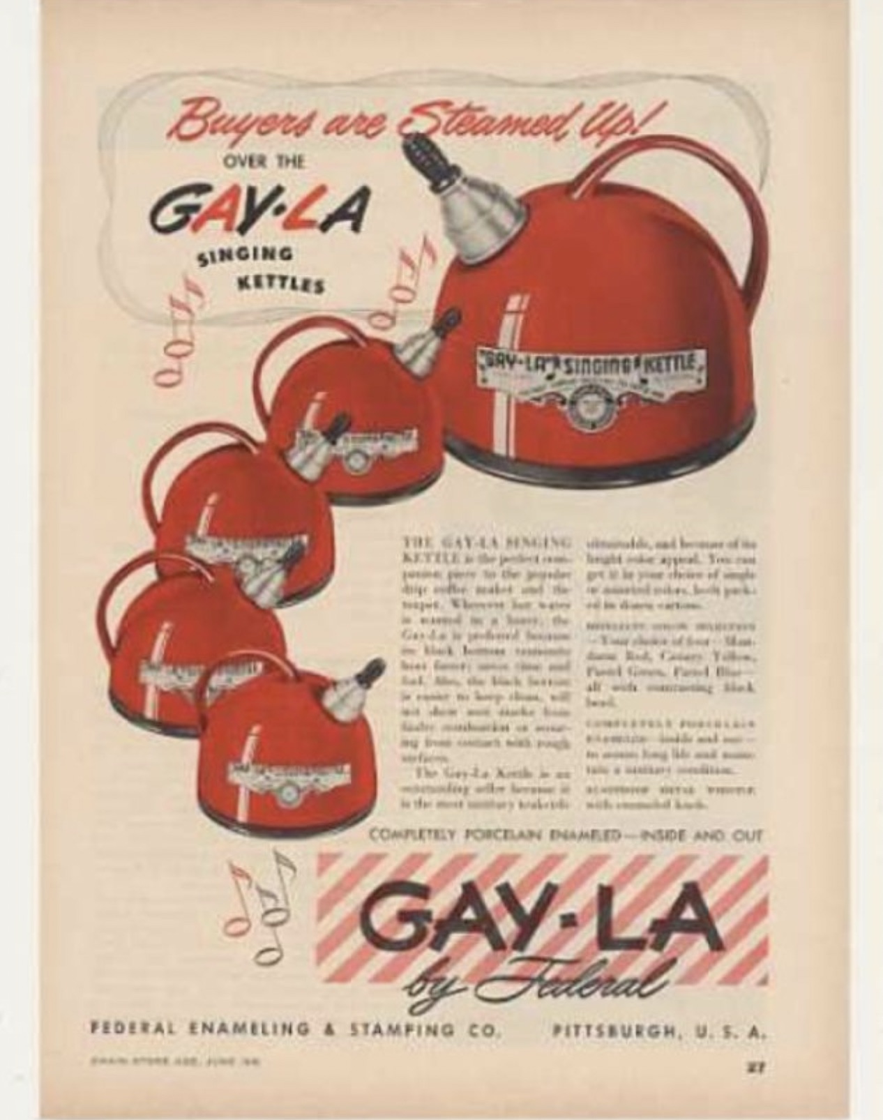 old lgbtq ads - Buyers are Steamed up! Over The GayLa Singing 900 Kettles 2017 GayLa Singing Kettle, The GayLa Magging Ge 200 Completely Porcelan InameledInside And Out Gay La by Federal Federal Enameling & Stamping Co. Pittsburgh, U. S. A. 27