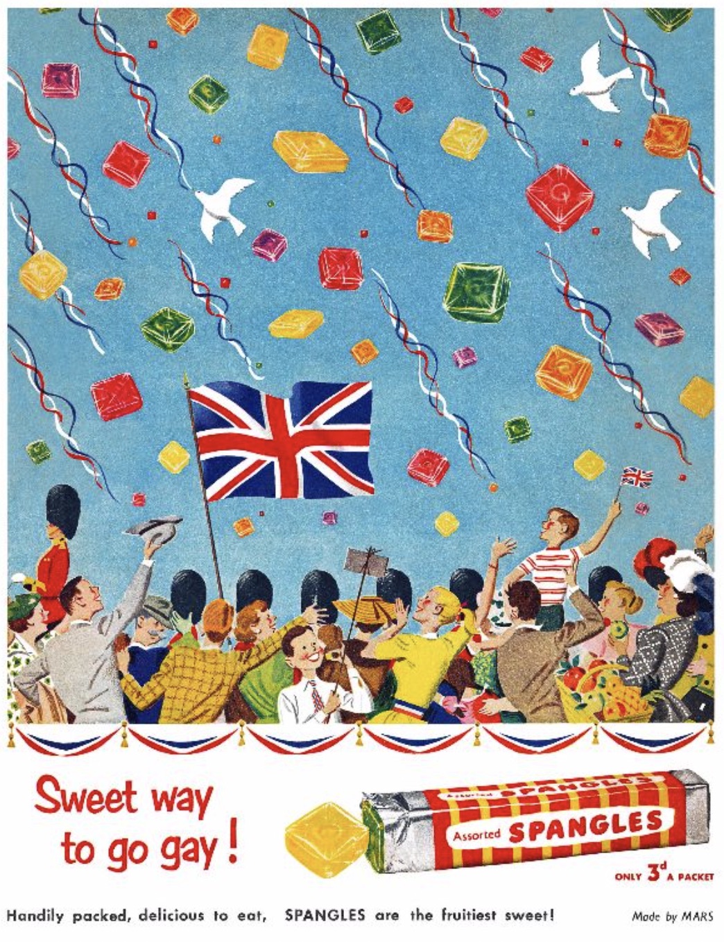 Spangles - Sweet way to go gay! A Spangles A Packet Handily packed, delicious to eat, Spangles are the fruitiest sweet! Made by Mars