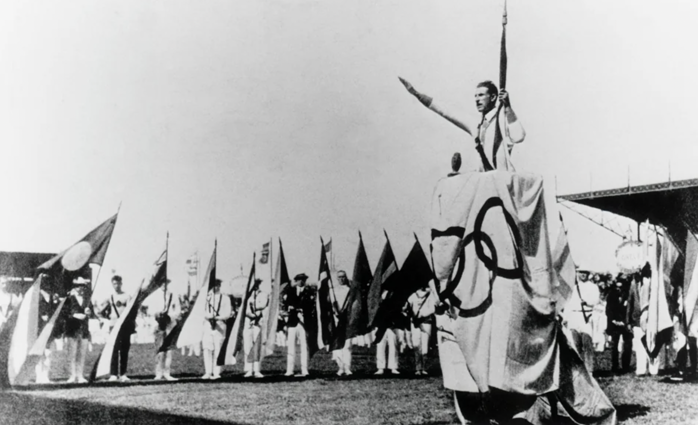 General view as Georges Andre leads the Olympic Oath during the opening ceremonies of the VIII Olympic Games, Paris, France 1924.