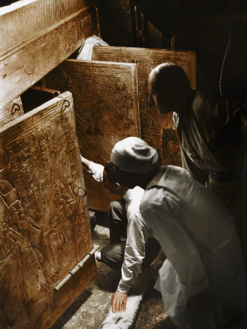 January 4th, 1924. Howard Carter, Arthur Callender and an Egyptian worker open the doors of the innermost shrine and get their first look at Tutankhamun's sarcophagus.