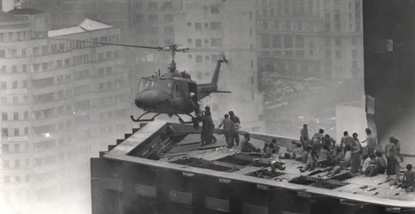 Sao Paulo Brazil, Feb 1st 1974. Rescue of survivors from roof of Joelma Building after the worst high rise fire in history.