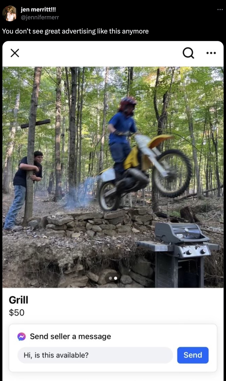 screenshot - jen merritt!!! You don't see great advertising this anymore Grill $50 Send seller a message Hi, is this available? ... Send