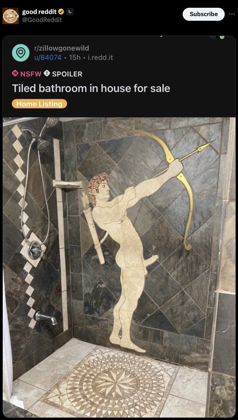 screenshot - good reddit L rzillowgonewild u84074 15h. i.redd.it Nsfw Spoiler Tiled bathroom in house for sale Home Listing Subscribe