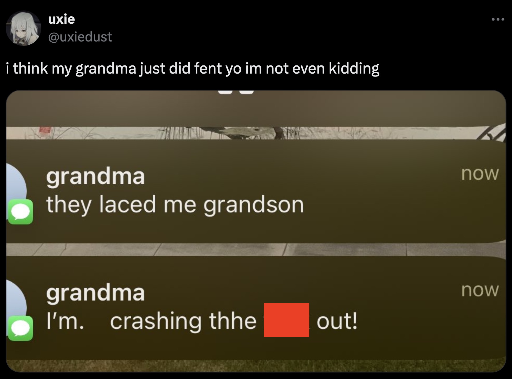 screenshot - uxie i think my grandma just did fent yo im not even kidding grandma they laced me grandson now grandma now I'm. crashing thhe out!