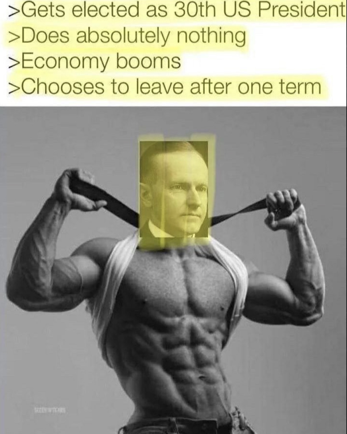 refuses to elaborate meme template - >Gets elected as 30th Us President >Does absolutely nothing. >Economy booms >Chooses to leave after one term