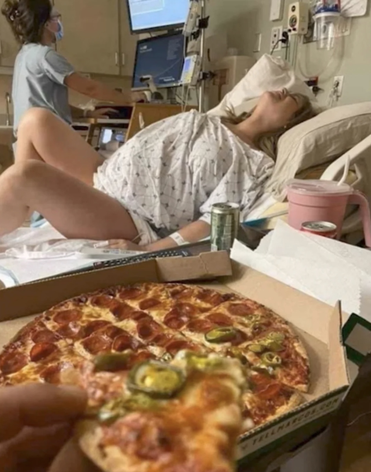 husband eating pizza while wife in labor - 337 Tell Narcos