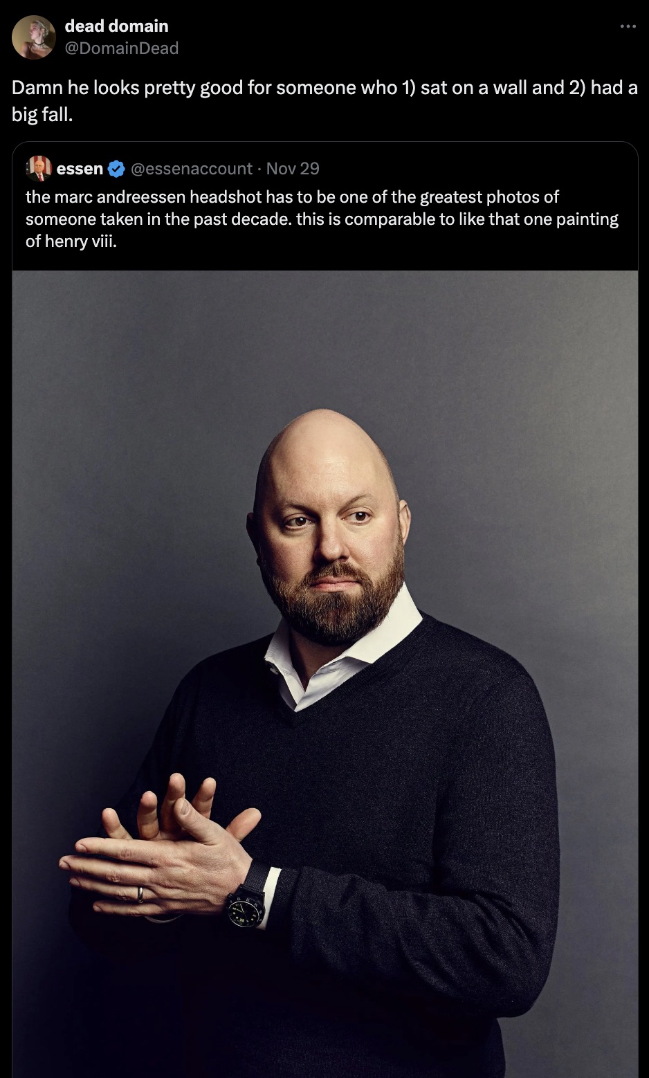 marc andreessen cone head - dead domain Damn he looks pretty good for someone who 1 sat on a wall and 2 had a big fall. essen Nov 29 the marc andreessen headshot has to be one of the greatest photos of someone taken in the past decade. this is comparable 