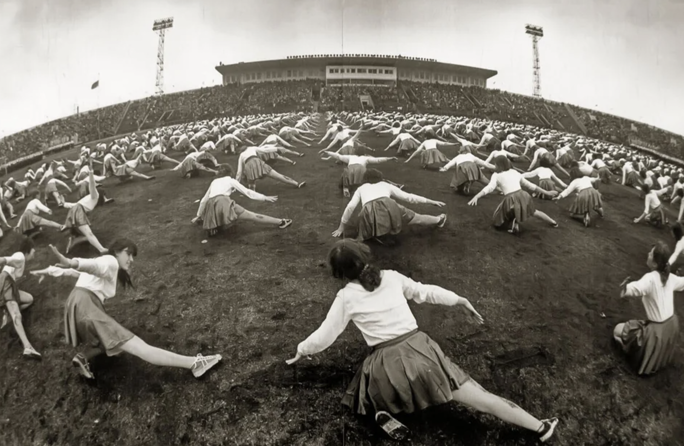 Aerobics with 1st year students of Kazan Aviation Institute in 1985 Soviet Union. 