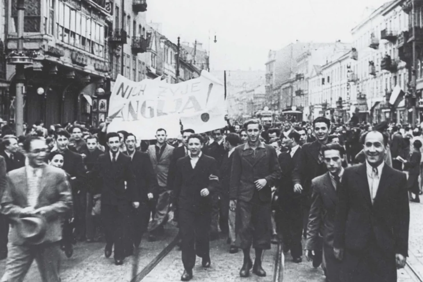 Crowds in Warsaw, Poland, cheer the British declaration of war. September, 1939.