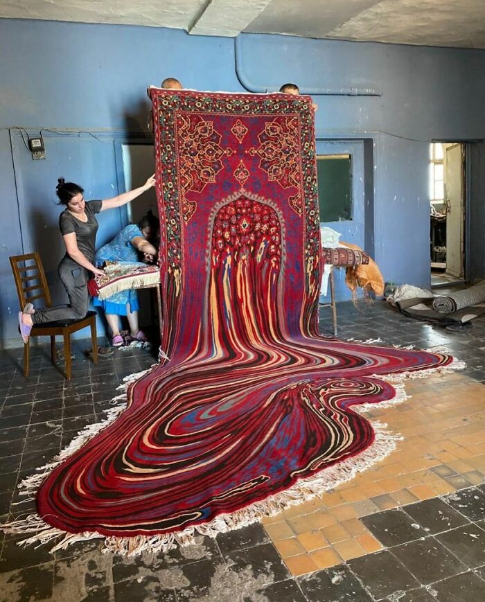 This rug looks like it is melting. This is art by Faig Ahmed, that sell for as much as $15,000.