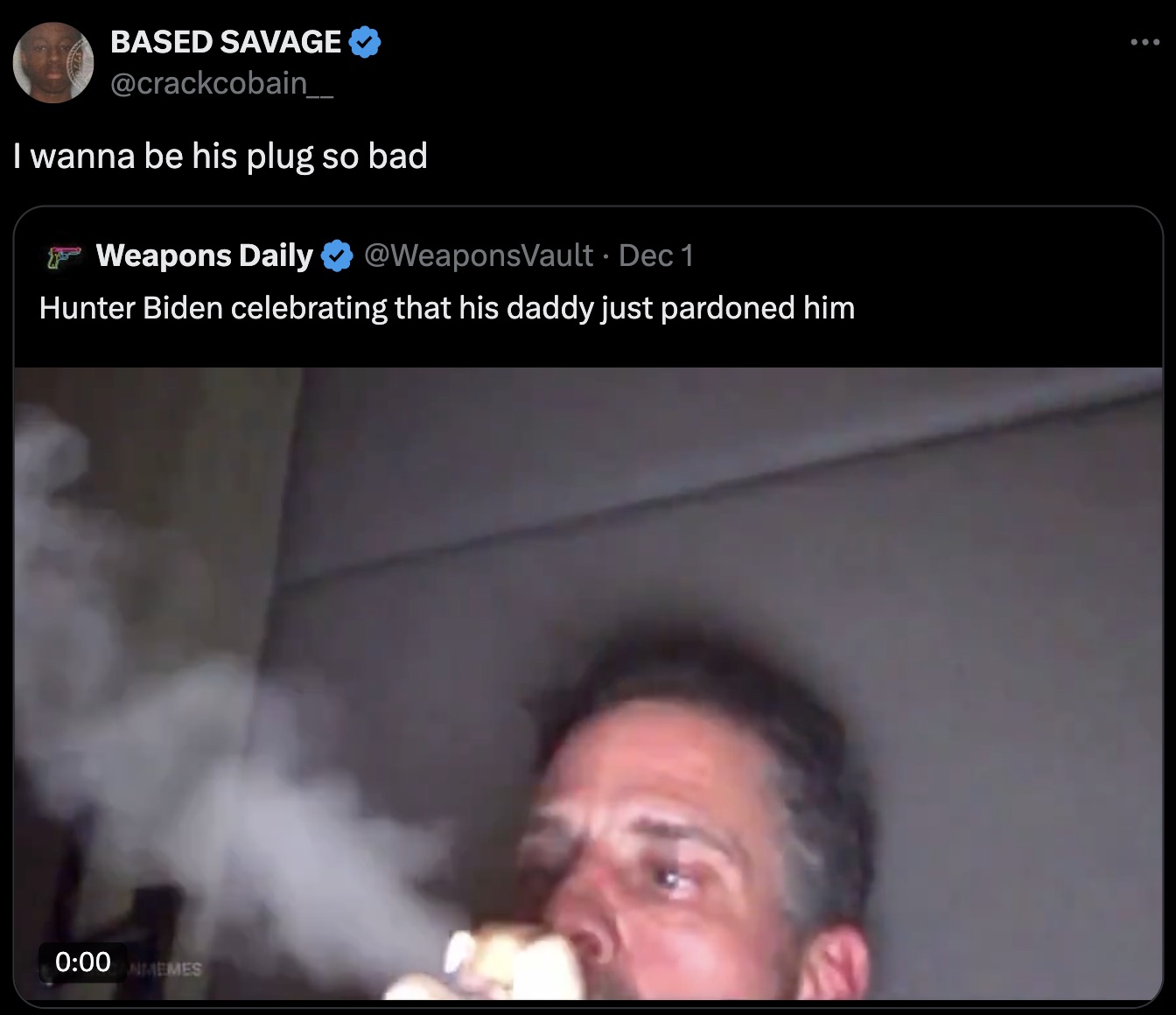 screenshot - Based Savage I wanna be his plug so bad Weapons Daily Dec 1 Hunter Biden celebrating that his daddy just pardoned him Nimemes