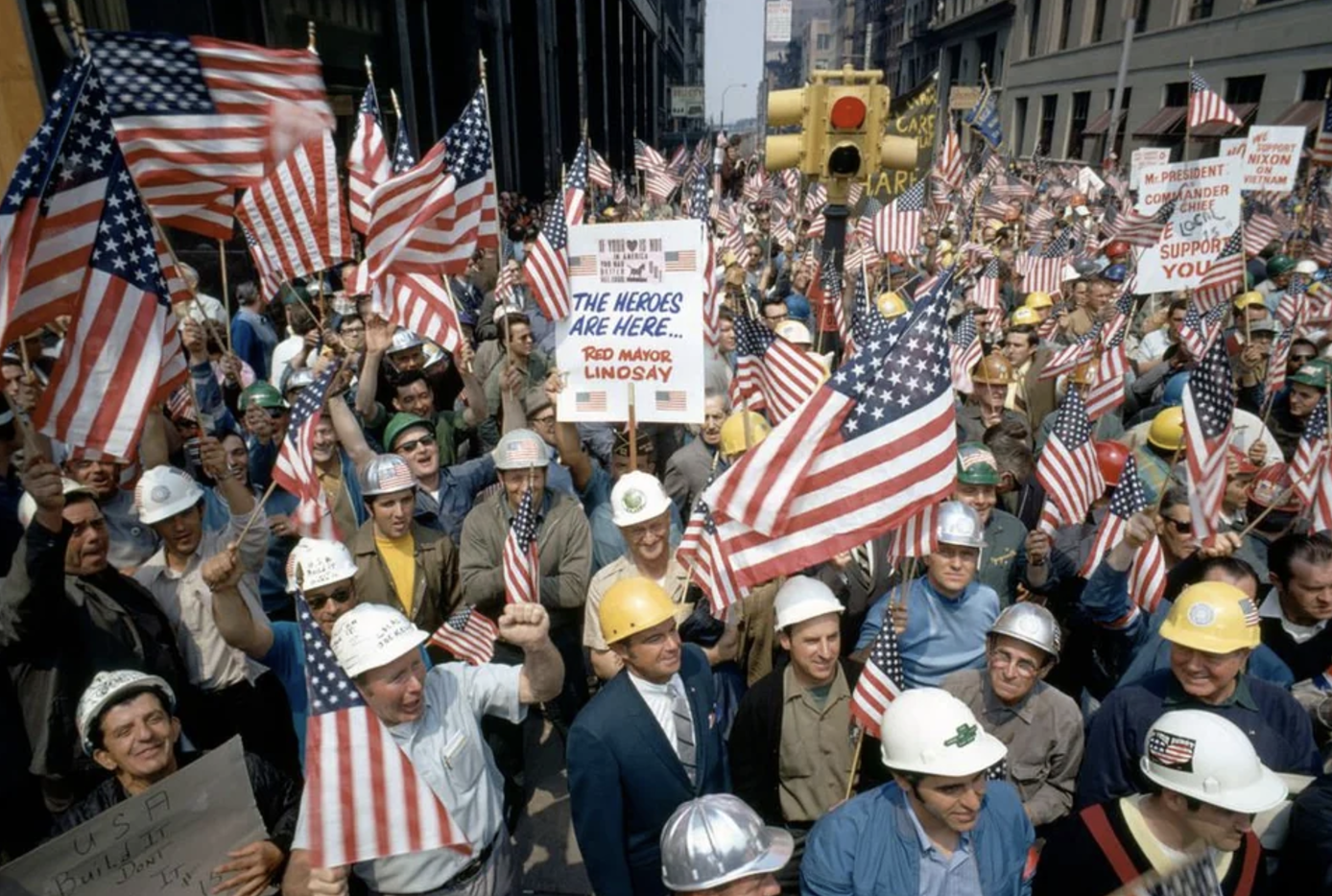 New York City, 1970. "Hard-Hats" demonstrate being in favour of the Vietnam War.