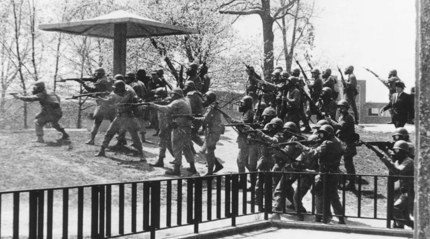 National Guard opening fire on Kent State University demonstrators, Ohio, May 4, 1970.