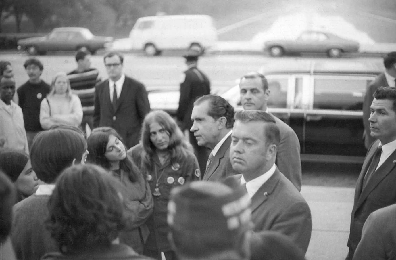 Nixon meeting with protesters at the Lincoln Memorial after announcing the bombing of Cambodia, early morning, May 9, 1970.