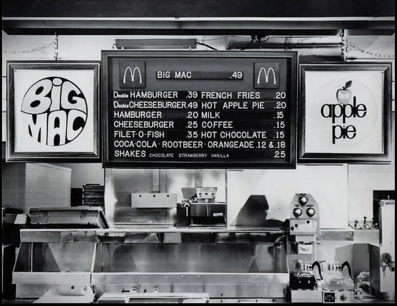 70s mcdonalds menu - BiG Mac M Big Mac Double Hamburger 39 French Fries Double Cheeseburger.49 Hot Apple Pie Hamburger Cheeseburger FiletOFish 49 M 20 .20 20 Milk .15 apple .25 Coffee .15 35 Hot Chocolate .15 pie 25 CocaCola Rootbeer Orangeade.12 &.18 Sha