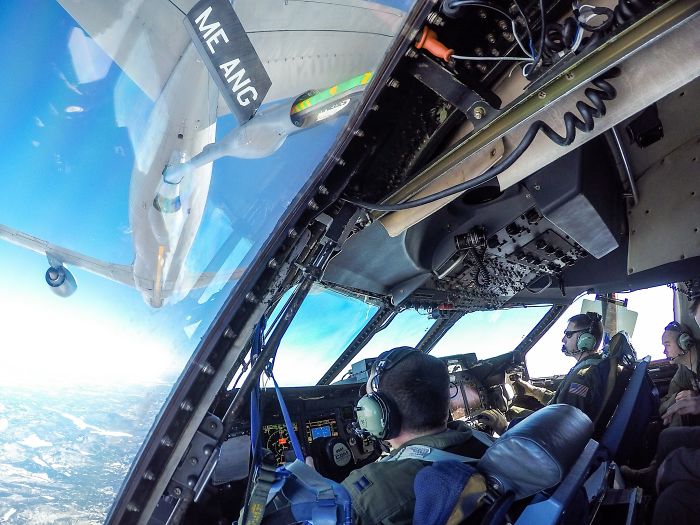 A C-5M Super Galaxy being refueled by a KC-135.