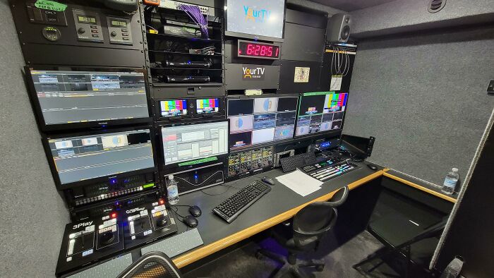 The inside of a mobile TV Van / Truck.