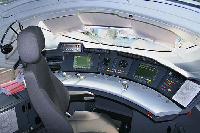 The 'driver's seat' of the ICE 3 high speed train.