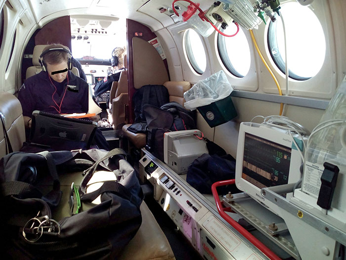 The cabin of a medical evacuation airplane.