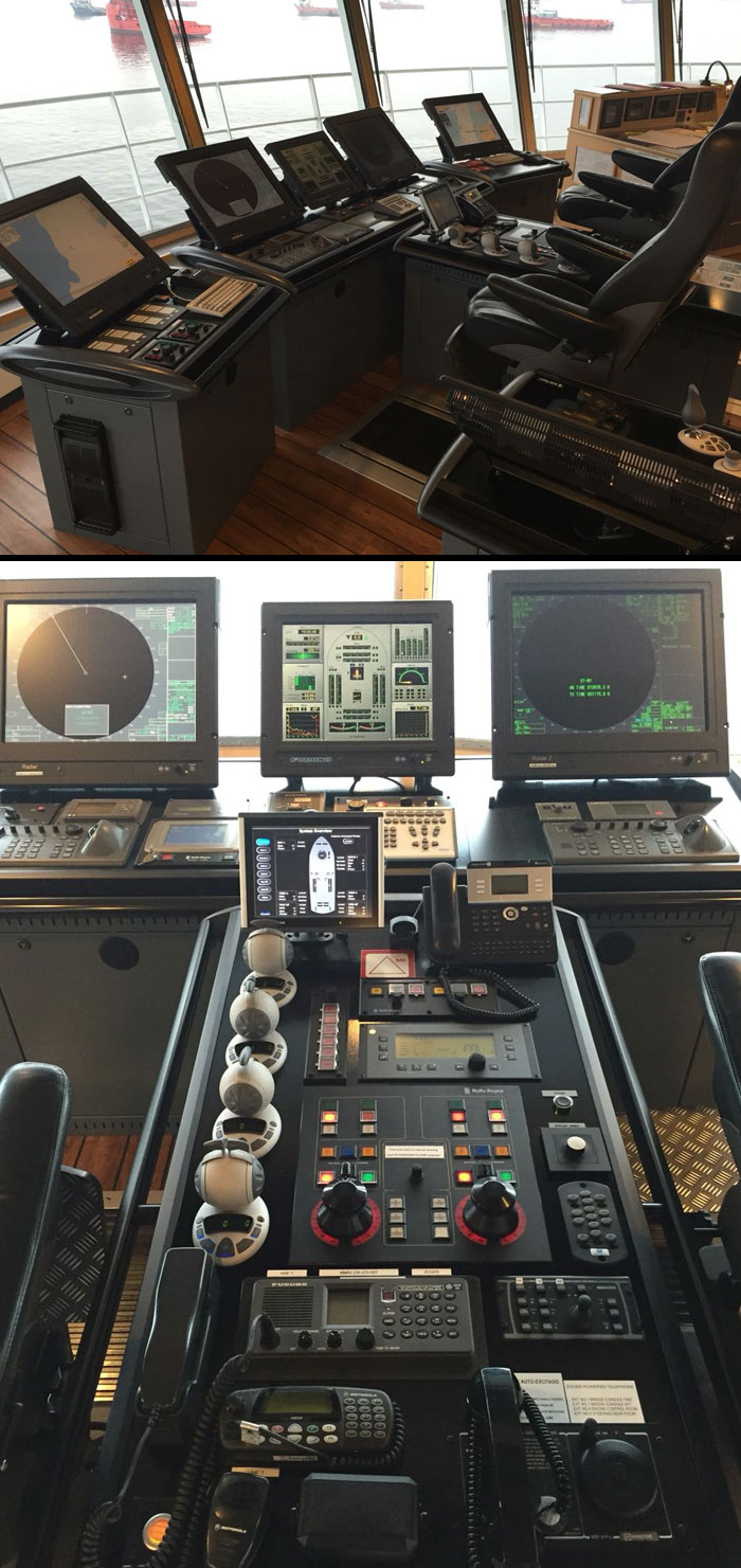 The forward console on a cargo boat.