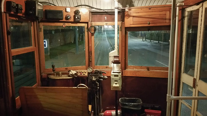 Inside a 1920's era streetcar.