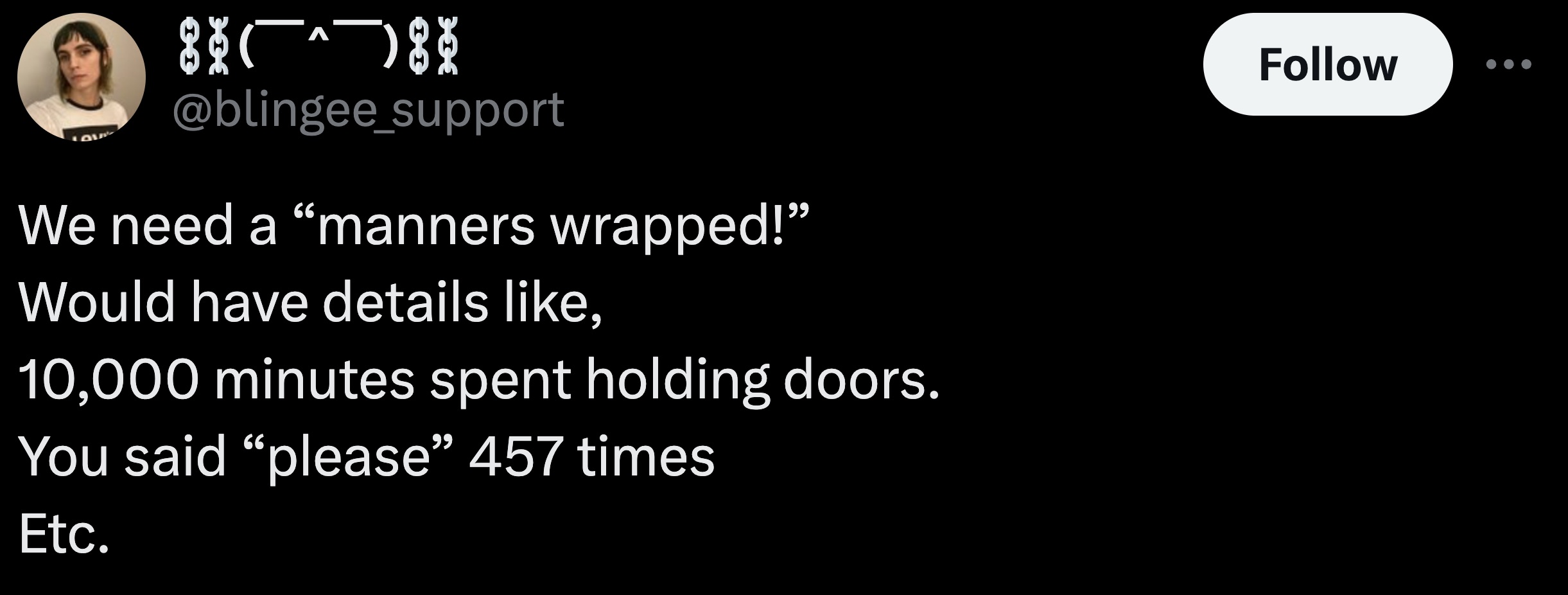 screenshot - 88 88 We need a "manners wrapped!" Would have details , 10,000 minutes spent holding doors. You said "please" 457 times Etc.