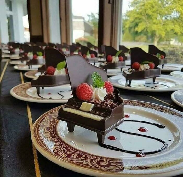 These lucky guests will get their own chocolate Grand Piano with their dessert dishes.